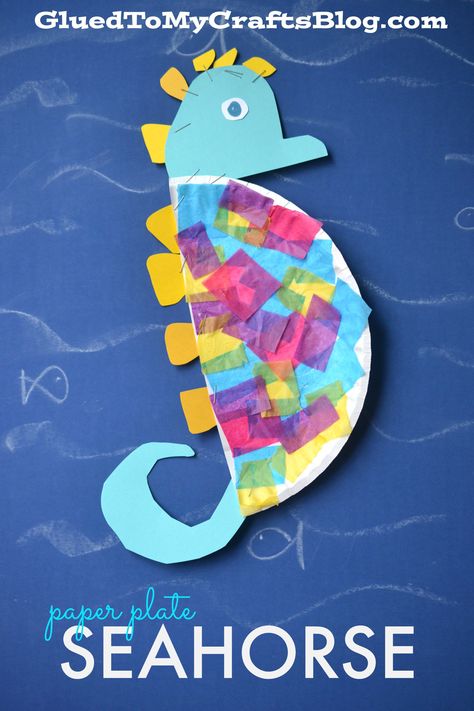 Paper Plate Seahorse - Kid Craft Ocean Animal Crafts For Kindergarten, Water Animals Preschool Crafts, Under The Sea Preschool Crafts, Under The Sea Crafts For Kids, Paper Plate Seahorse, Under The Sea Crafts For Preschoolers, Under The Sea Eyfs, Under The Sea Activities, Dolphin Craft