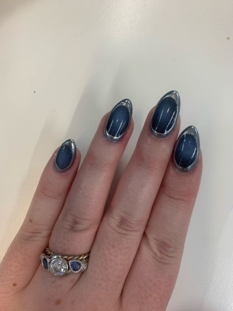 Navy blue and silver aura almond nails Aura Nails With Silver, Crystal Ball Nails, Navy Blue Almond Nails, Aura Almond Nails, Blue Almond Nails, Silver Aura, Ball Nails, Nails With Silver, Aura Nails