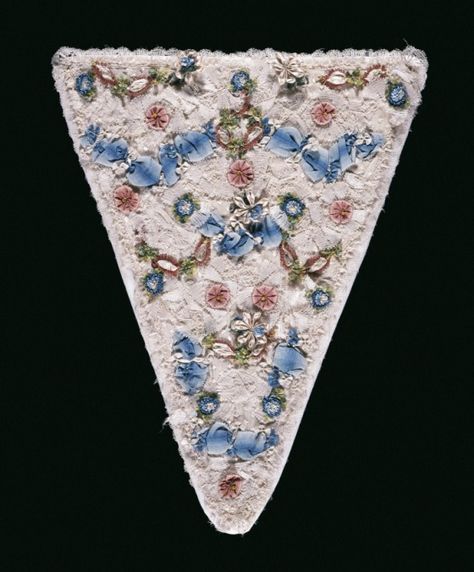 1775, France or Italy - Woman's Stomacher - Patterned silk trimmed with silk ribbon, fly fringe, and lace, paper backing 18th Century Stomacher, 18th Century Bodice, Golden Scissors, Embroidered Skirts, Georgian Fashion, Scottish Women, 18th Century Women, 18th Century Dress, Rococo Fashion