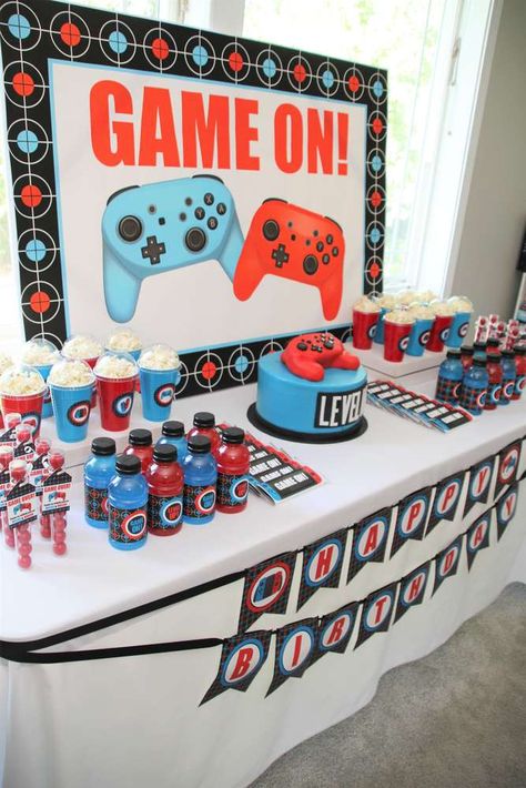 Video games Birthday Party Ideas | Photo 18 of 22 | Catch My Party Gamers Party Ideas, Video Game Party Theme, Nintendo Birthday Party, Game Truck Birthday Party, Games Birthday Party, Game Truck Party, Nintendo Party, Video Games Birthday Party, Video Game Party