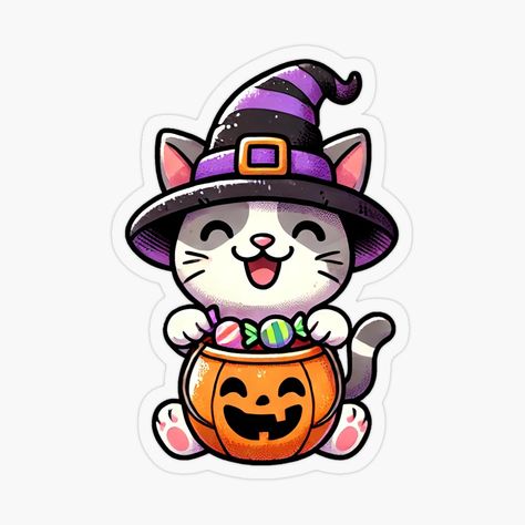 Cute Halloween witch cat with a Jack'o'Lantern candy bag by lliiaa1111 | Redbubble Cute Cat Halloween, Halloween Cats Drawings, Cute Cat Drawing Halloween, Cute Halloween Animals Art, Halloween Cat Clipart, Tie Dye Sticker, Candy Clipart, Imprimibles Halloween, Dulces Halloween