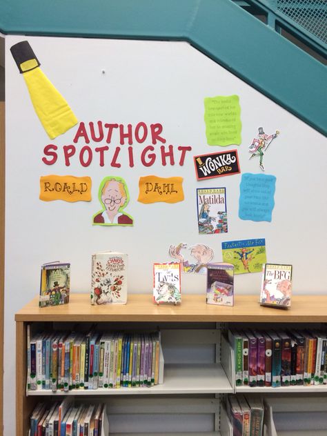 Author spotlight library display made by @lacemeier School Library Classroom Management, Author Spotlight Bulletin Board, Author Of The Month Bulletin Board, Author Bulletin Board Ideas, Author Spotlight Display, Author Of The Month Display, Ya Library Displays, Public Library Display Ideas, Library Displays School