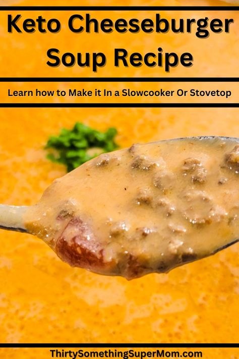 This keto cheeseburger soup recipe can be made in a slow cooker or on the stovetop for a quick low carb dinner the whole family will love. Keto Cheeseburger Soup Crock Pot, Quick Low Carb Dinner, Keto Cheeseburger Soup, Cheeseburger Soup Recipe, Keto Cheeseburger, Keto Broccoli Cheese Soup, Bacon Cheeseburger Soup, Cheese Burger Soup Recipes, Cheeseburger Soup