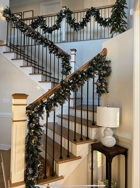 Christmas decor, christmas garland, aesthetic christmas, winter decor Christmas Garland On Railing, Stairs Christmas Garland, Garland Railing Christmas, Christmas Decor Ideas Stair Railing, Christmas Decor Ideas For Stair Railings, Christmas Deck Railing Decorating Ideas, Stair Rail Christmas Decor, Garland On Stair Railing, Banister Christmas Decor Railings