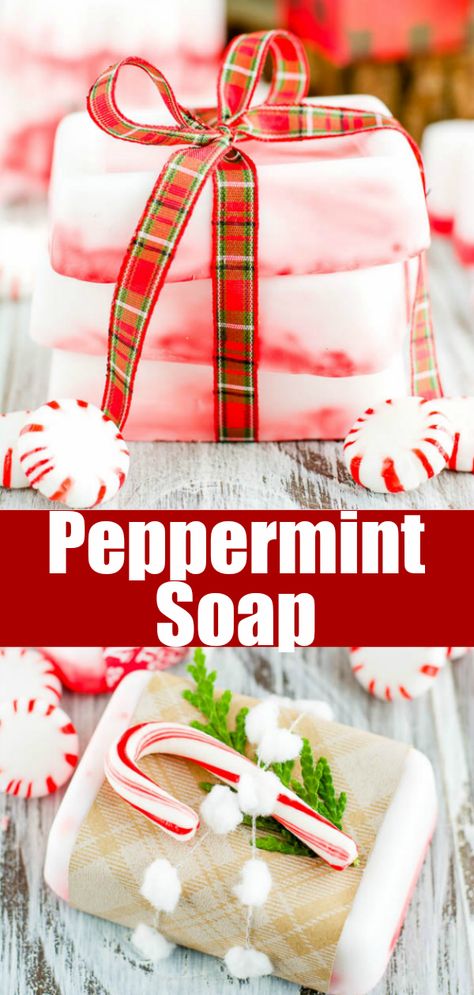 Candy Cane Soap Recipe, Peppermint Gift Ideas, Peppermint Candles Diy, Diy Christmas Melt And Pour Soap, Holiday Soap Recipes, Melt And Pure Soap Recipes, Homemade Christmas Soap Recipes, Christmas Soap Recipes Melt And Pour, Homemade Christmas Soap