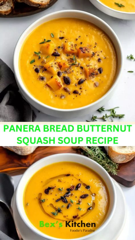 Panera Bread Butternut Squash Soup Recipe – Bex’s Kitchen Panera Bread Butternut Squash Soup, Panera Bread Soup, Panera Butternut Squash Soup, Panera Recipes, Butternut Squash Soup Recipe, Butternut Soup, Bread Soup, Squash Vegetable, Butternut Squash Recipes Soup