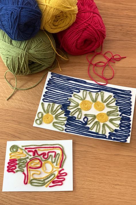 Yarn Art Elementary, Yarn Glue Art, Paper Sewing Art, Yarn Projects For Kids, Yarn Art For Kids, Wednesday Crafts, Girl Hobbies, Artwork For Kids, Yarn Art Projects