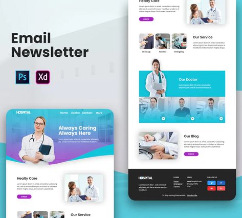 Medical Email Newsletter Template PSD Medical Newsletter Design, Medical Email Design, Medical Newsletter, Newsletter Design Layout, Mailing Design, Newsletter Template Free, Email Layout, Newsletter Layout, Medical Marketing