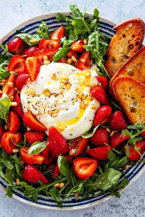 Burrata Salad Strawberry, Healthy Burrata Salad, Strawberry Burrata Salad, Baratta Salad, Stawberry Salad, Burrata Salad, Spring Dishes, Farmers Market Recipes, Cucumber Tomato Salad