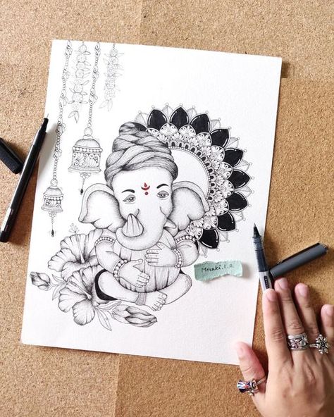 Ganesha Modak Drawing, Bal Ganesh Mandala Art, Cute Ganesha Sketch, Bal Ganesha Sketch, Cute Ganesha Drawing Sketches, Ganesh Chaturthi Sketch, Bal Ganesha Painting, Cute Ganesha Painting, Ganesha Drawing Mandala