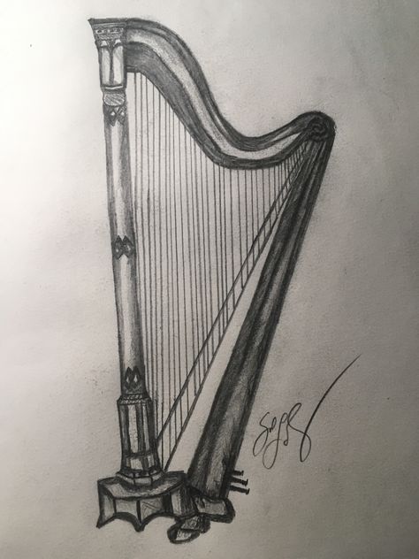 Harp Sketch, Harp Drawing, Musical Instrument Drawing, Instrument Drawing, Musical Instruments Drawing, Tot Bag, Drawing Instruments, Instruments Art, Realistic Pencil Drawings