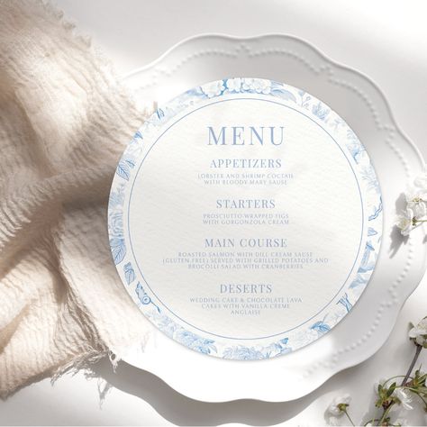 Enter into timeless elegance with our rustic bohemian spring/summer round wedding menu card, showcasing a delightful chinoiserie pattern in soothing light blue tones. Enhance your wedding dining experience with this sophisticated addition, designed to bring a sense of refinement to your celebration. Perfect for rustic, bohemian, and outdoor wedding themes, this menu card sets the stage for an unforgettable event. Explore the beauty of this exquisite wedding detail and make your special day truly memorable. Soiree Wedding, Wedding Themes Outdoor, Chinoiserie Wedding, Pastel Wedding Theme, Wedding Dining, Chinoiserie Pattern, Makeup Images, Blue Chinoiserie, Chocolate Wedding Cake