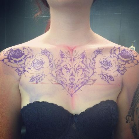 “I love my job” Wolf Chest Tattoo, Wolf Tattoos For Women, Chest Tattoo Female, Tattoo Female, Neck Tattoos Women, Mommy Tattoos, Chest Tattoos, Chest Tattoos For Women, Chest Piece Tattoos