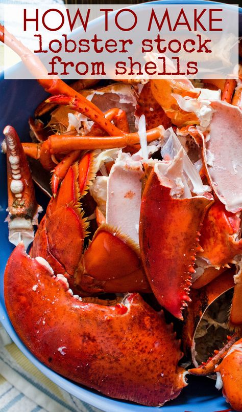 a bowl of lobster shells. Lobster Broth Recipes, Lobster Stock From Shells, Lobster Stock Recipes, Seafood Stock Recipes, Newberg Sauce, Leftover Lobster Recipes, Lobster Newberg, Lobster Broth, Fish Stock Recipe