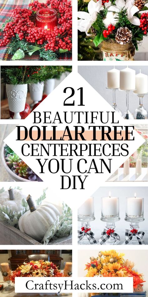 With these dollar tree crafts, you can create a beautiful centerpiece for weddings or for home. Whether you are looking for DIY home decor projects, or want wedding decorations on a budget, you will love these cheap and easy crafts. Home Made Christmas Table Decorations, Budget Fall Centerpieces, Diy Home Centerpieces, Simple Dollar Tree Centerpieces, Dollar Tree Wedding Table Decor, Free Centerpieces Diy, Diy Xmas Centerpieces Dollar Stores, Home Made Centerpieces, Easy Party Centerpieces Diy