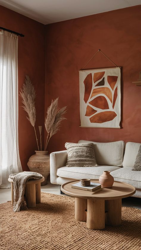 Living Room Remodel 20 Ideas 2025: Transform Your Space with Modern Trends Terracotta Home Decor Living Rooms, Terracotta Wall Living Room, Terracota Wall Color, Rustic Living Room Color Scheme, Burnt Orange Walls Living Room, Accent Wall Colors Combinations, Terracota Room, Terracotta Walls Living Room, Earth Colors Living Room