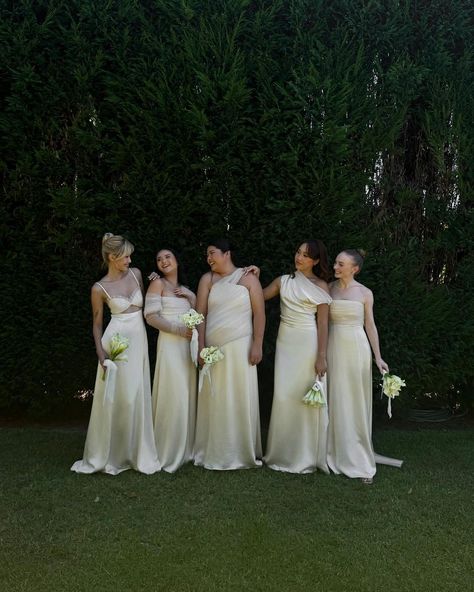 the most special custom bridesmaid dress by the incredible @annaquanlabel team 🤍 what a dream to see our ideas slowly come to life, and… | Instagram Off White Bridesmaids, Cream Satin Bridesmaid Dresses, White Bridesmaid Dresses With Bride, Bridesmaids Wearing White, Bridesmaids White Dresses, Cream Bridesmaid Dresses Ivory, White Bridesmaid Dresses Mismatched, Vogue Bridesmaids, Old Money Bridesmaid Dresses