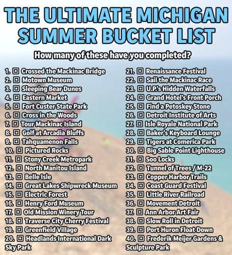 michigan bucket list Michigan Bucket List Summer, Fun Things To Do In Michigan, Michigan Bucket List, Travel Michigan, Judy Moody, Michigan Adventures, Michigan Girl, Michigan Road Trip, Fun List