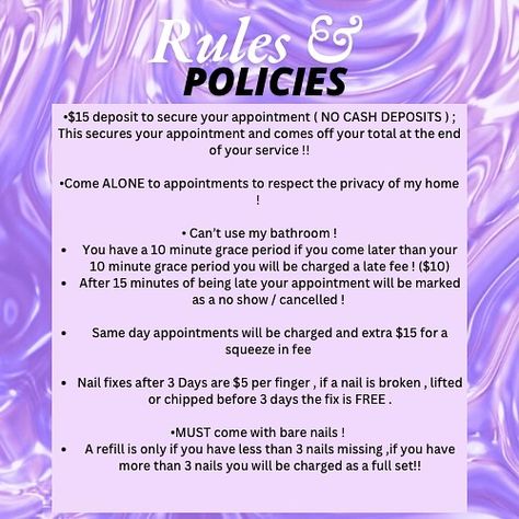 RULES , POLICIES & ADD ONS !!! 📋✨ Dm to schedule an appointment or click the link in bio ! 📆✨ #nailtechnearme #nailsnailsnails #nailart #nails #naildesign #nailaddict #nailporn #nails2inspire #nailsofinstagram #explorepage✨ #explore #trending #local #localbusiness #smallbusiness #smallbusinessowner #readingpa #readingpagoda #readingpanailtech #readingpanailsalons #readingpanails #nailtech #nailtrends #nailtechnearme #nailsalon #nailsalonnearme #trend #trending #philly #nyc #lebanon Nail Tech Rules For Clients, Nail Policies, Nail Tech Policies, Business Nails, Nail Business, Lash Room, Reading Pa, Add Ons, Beauty Bar