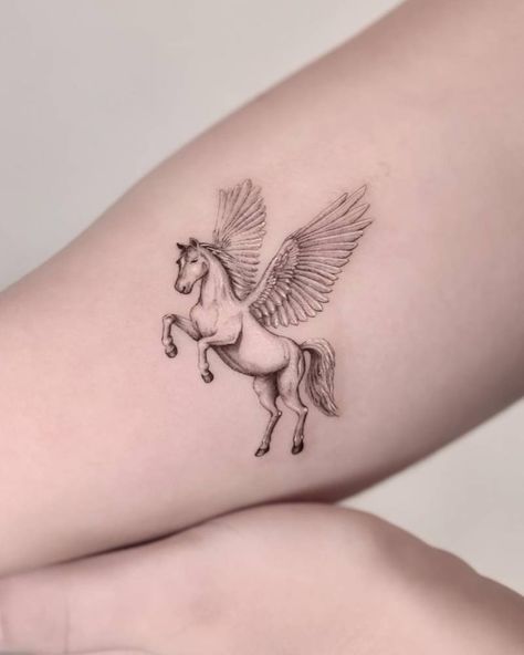 Pegasus tattoo done in micro-realism, located on the Greek Mythology Pegasus Tattoo, Black Pegasus Tattoo, Running Horses Tattoo, Flying Horse Tattoo, Breeze Tattoo, Pegasus Tattoos, Mustang Tattoo, Pegasus Drawing, Pegasus (mythology)