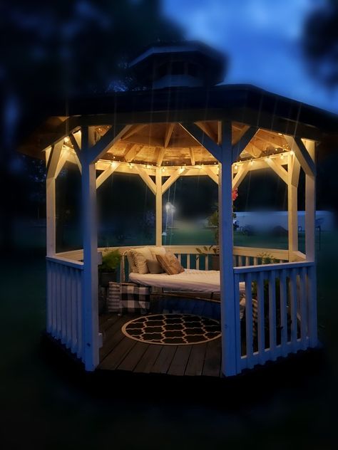 It's even perfect for relaxing at night #gazebo Gazebo At Night, Gazebo Lighting, Background References, Anniversary Art, French Country Style, Country Style, French Country, At Night, Gazebo