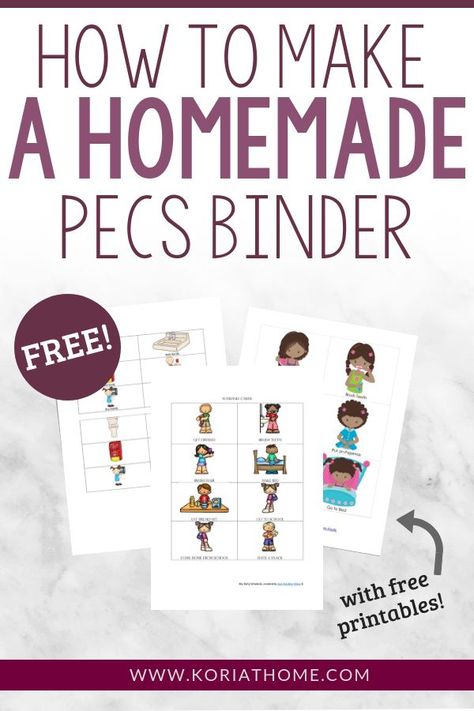 If you are looking to implement a simple visual schedule or communication system for your home, be sure to grab my free printables and check out this post on how to make a homemade PECS binder. #communication #pecs #visualschedules #freeprintables Pec Cards Free Printable, Pecs Communication Printables Free, Pecs Binder, Pecs Board, Pecs Pictures Printables, Pec Cards, Pecs Book, Aac Device, Pecs Communication