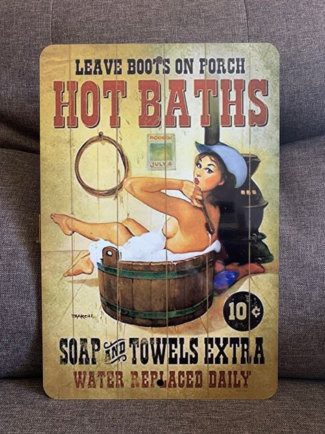 "These tin signs are made of Aluminum with EXTRA UV PROTECTION ADDED FOR OUTDOOR USE! Full size 8\" x 12\" with 1/4\" holes Top and Bottom and 1/2\" radius corners Fast Shipping from the USA. Sign Made in USA with Proposition 65 Approved. 100% SAFE" Decorating Bathroom, Pin Up Girl Vintage, Pin Up Posters, Girl Sign, Vintage Cowgirl, Retro Sign, Old Signs, Vintage Pin Up, Nose Art