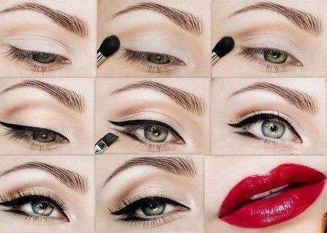 pin up vintage maquillage - Recherche Google Maquillage Pin Up, Double Winged Eyeliner, 50s Makeup, Pin Up Makeup, Winged Eye, Pin Up Looks, Makeup Ads, Cat Eye Makeup, Smink Inspiration