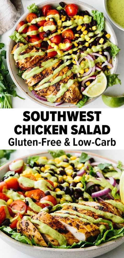 This southwest chicken salad is a hearty dinner recipe or lunch idea that's bursting with flavors. It's made with cilantro lime chicken and a drizzle of a creamy avocado dressing to tie everything together. #southwestsalad #southwestchickensalad #cilantrolimechicken #avocadodressing Easy Salad Bowls, Southwest Bowl Recipe, Cilantro Lime Salad, Chicken Enchilada Salad, Recipe With Avocado, Southwest Salad Recipes, Chicken Avocado Bowls Healthy, Southwest Bowls, Cilantro Lime Chicken Salad