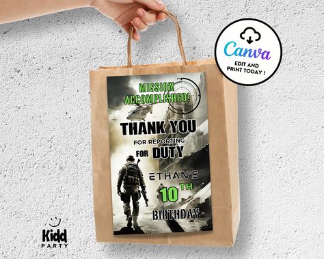 Call of Duty Gift Bag Label - Military Goodie Bag - Airsoft Party Favor Tag - Army Birthday - COD Editable Printable Sticker Template AP10 Birthday Party Treat Bags, Army Birthday, Army's Birthday, Bag Sticker, Bag Label, Military Gift, Army Gifts, Editable Labels, Sticker Template