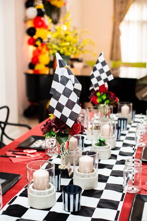 Racer Check Guest Table Decor from a Race Car Birthday Party on Kara's Party Ideas | KarasPartyIdeas.com (12) Speed Limit 55 Birthday Decorations, Checkered Table Runner, Car Centerpieces, Ferrari Party, Checkered Table, Flag Table, Racing Theme, Car Birthday Party, Race Car Themes