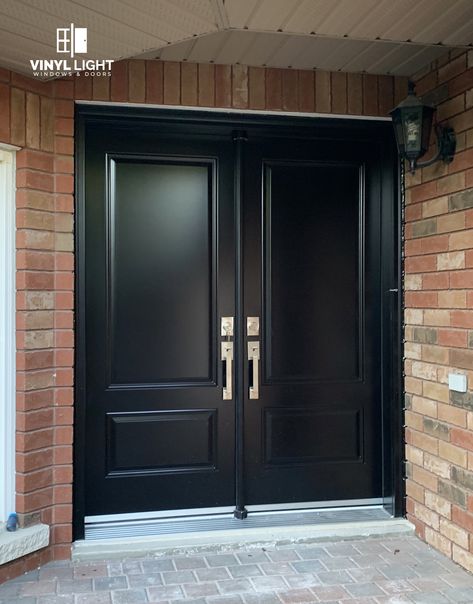 ✔️ Black 2 Panel Double Door Without Glass from Vinyl Light ➡️ #blackdoublefrontdoor #black doublefrontdoorentrance #doubledoor #doubledoorideas #doubledoorideasentrance #northyorktoronto #northyorktorontocanada Double Entry Doors No Windows, White House Double Front Door, Solid Black Double Front Doors, Black Front Double Doors Entryway, Black Double Entry Doors, Black Main Door Entrance, Black Double Front Door Entrance, Black Double Doors Entrance, Black Front Double Door