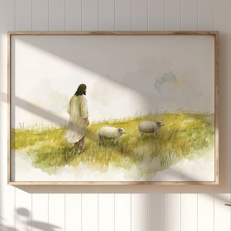 🌿✨ The Good Shepherd Always Leads the Way ✨🌿 This serene watercolor painting of Jesus walking with two sheep brings peace and comfort to any space. The gentle, pastoral scene is a reminder of the love and care of our Shepherd. 🕊 A perfect addition to your home or as a thoughtful gift. 🖼 Available now! Visit the link in our bio to order your print today. #JesusAndSheep #GoodShepherdArt #ChristianArt #FaithInspiredDecor #SpiritualHomeDecor #JesusWallArt #ReligiousWallArt #PeacefulArt #Chri... Jesus And Sheep, Jesus The Shepherd, Sheep Watercolor, Jesus Walking, Sheep Paintings, Spiritual Home Decor, Jesus Wall Art, Good Shepherd, Religious Wall Art