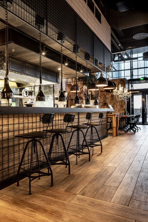 Fredde´s Food & Fire restaurant interior design by VDPHelsinki Fire Restaurant, Industrial Restaurant Design, Rustic Restaurant Interior, Bar Counter Design, Industrial Cafe, Industrial Restaurant, Rustic Restaurant, Bar Interior Design, Industrial Interior Design