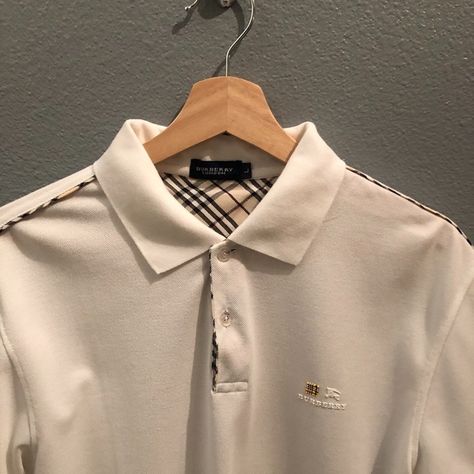 Burberry London White Polo Shirt with Piping on Shoulders Size L Burberry Polo Shirt Men, Shirt With Piping, Shirt Design For Women, Summer Wear For Boys, Burberry Polo Shirt, Burberry Logo, Polo Shirt Design, Embroidered Polo Shirts, White Polo Shirt