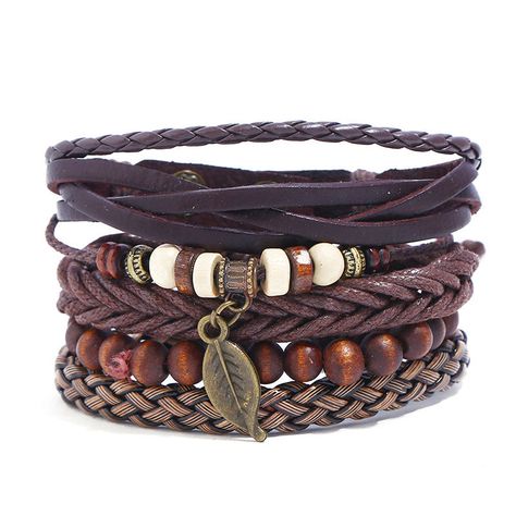 Designer Vintage Multilayer Bracelet Set Leather Wave Braid Wax Rope Beaded Bracelet Fashion Jewelry for Men - NewChic Leather Bracelets For Men, Beaded Leather Bracelet, Men Bracelets, Fashion Geometric, Geometric Bracelet, Brown Leather Bracelet, Leather Leaf, Braided Bracelet, Leather Bracelets