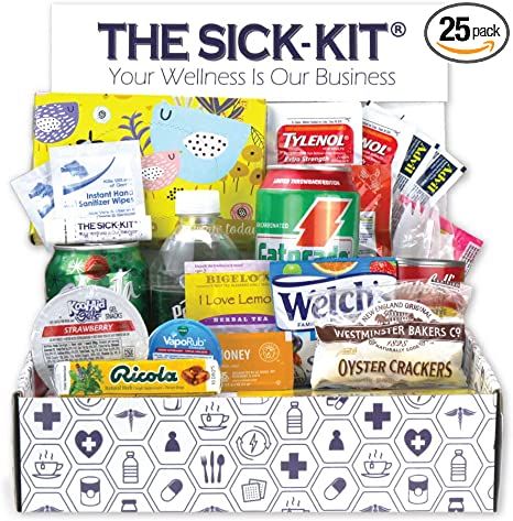 THE SICK-KIT - 24+ Feel Better Essentials for Cold, Flu, Sick Days, Hangover, Quarantine & Surgery Recovery - The Original Wellness Box - Get Well Soon Gift Set Baskets Adults - Care Package 25 pc Care Packages For Sick Friends, College Care Package For Girls, Sick Day Essentials, Get Well Gift Baskets, Self Care Package, Stash Tea, Oyster Crackers, Baskets For Men, Gift Baskets For Men