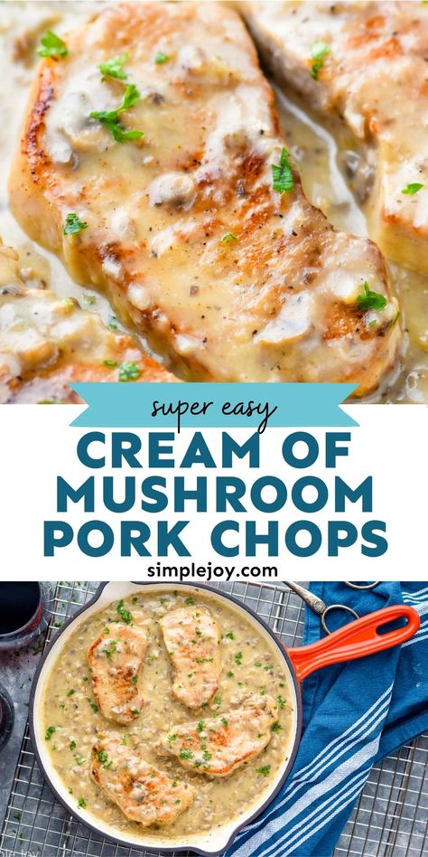 Cream of Mushroom Pork Chops is an easy dinner made with simple ingredients. Keep it low carb by serving it with a salad, or serve those pork chops in their rich cream sauce over noodles. Cream Of Mushroom Pork Chops, Mushroom Soup Pork Chops, Boneless Pork Chop Recipes, Pork Chop Recipes Crockpot, Mushroom Pork Chops, Easy Pork Chops, Easy Pork Chop Recipes, Pork Chop Recipes Baked, Pork Chop Dinner