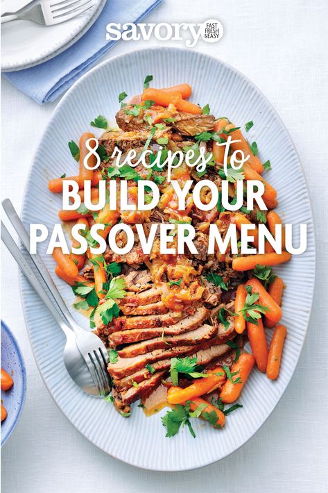 Gathering at the Passover table means time with family and friends and, of course, delicious food! These tasty recipes put a fresh and easy spin on traditional Seder favorites from appetizers through dessert Passover Chicken Recipes, Passover Appetizers, Tzimmes Recipe, Jewish Brisket, Sweet Baby Carrots, Passover Menu, Passover Food, Passover Meal, Passover Dinner