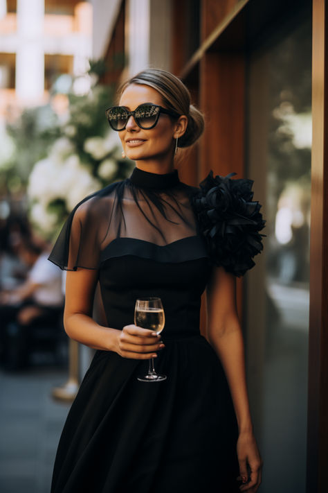 female guest at a wedding. She is wearing a black cocktail dress and her hair is tied up in a chic bun. She is wearing sunglasses and holding a glass of wine. Hairstyle For Black Dress Outfit, Wedding Guest Outfit Black Dress, Black Dress And Pearls Outfit Classy, Black Dress With Pink Shoes, Black Dress With Gold Heels, Shoes With Black Dress, Black Dress For A Wedding, Accessorize Black Dress, Black Wedding Guest Outfits