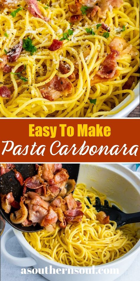 Pasta Carbonara is a classic recipe that’s simple to make with just a few ingredients. Cooked spaghetti tossed in a rich, silky sauce made with eggs and Parmesan cheese then sprinkled with smokey bacon makes a delicious dish perfect for a family meal or entertaining! Bacon Carbonara Pasta, Bacon Carbonara, Pasta Carbonara Recipe, Carbonara Sauce, Greek Salad Pasta, Greek Pasta, Carbonara Recipe, Pasta Carbonara, Easy Chili