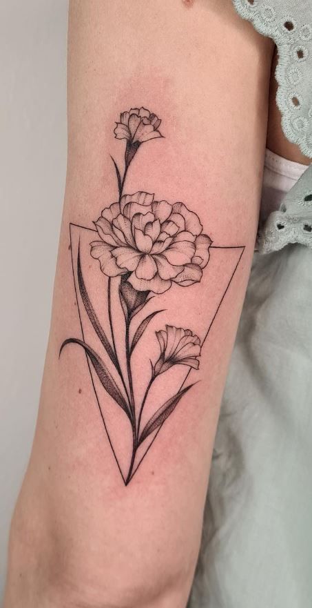 Carnation Tattoo Shoulder, Carnation Forearm Tattoo Women, Carnation Heart Tattoo, Flower Theme Tattoo, Carnation And Marigold Tattoo Design, Carnation And Sunflower Tattoo, Fineline Carnation Tattoo, Carnation Arm Tattoo, Carnations Tattoo Design