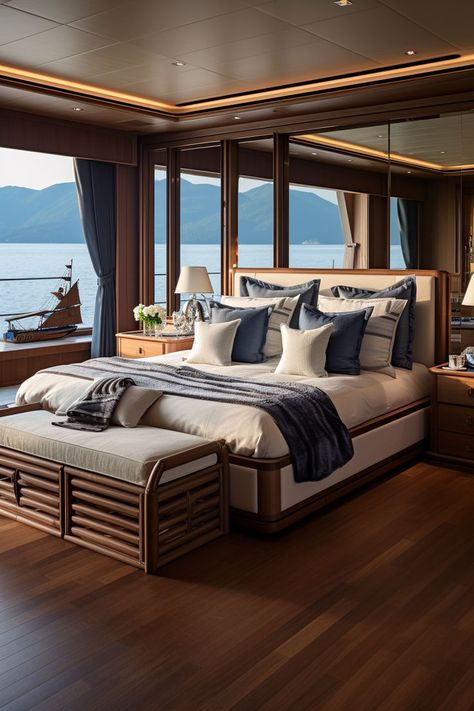 Set sail into luxury with a yacht bedroom that marries the charm of nautical life with the sophistication of modern design. Rich wooden accents and a palette of serene blues evoke the spirit of the sea, while plush textiles promise comfort in the lap of luxury. Our home decor guide is your compass to navigating this style, helping you anchor the essence of oceanic elegance right in your home. Yacht Bedroom, Luxury Yacht Interior, Interior Design Masters, Yacht Interior Design, Yacht Interior, A Yacht, Luxury Yacht, Decor Guide, Blue Bedroom