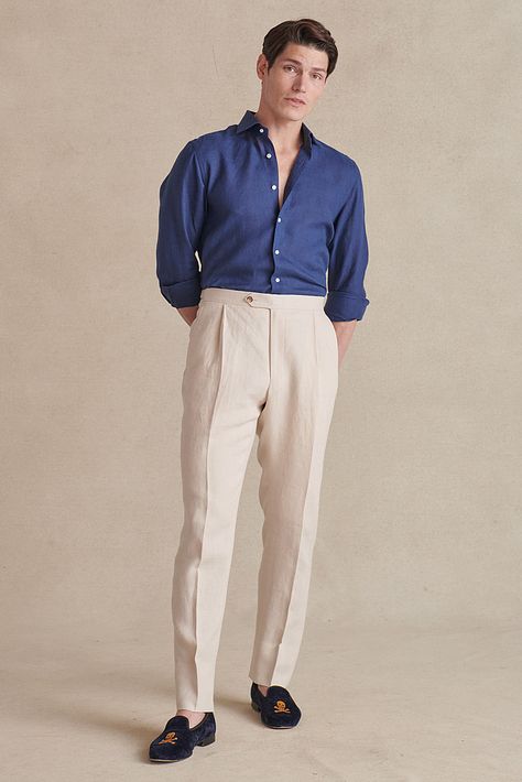 Cream Single Pleat Linen Trousers | New & Lingwood Linen Pants Outfit Men, Cream Trousers Outfit, Cream Pants Outfit, Beige Pants Outfit, Trousers Outfit Men, Formal Pant For Men, Comfortable Dress Pants, Beige Linen Pants, Suit Guide