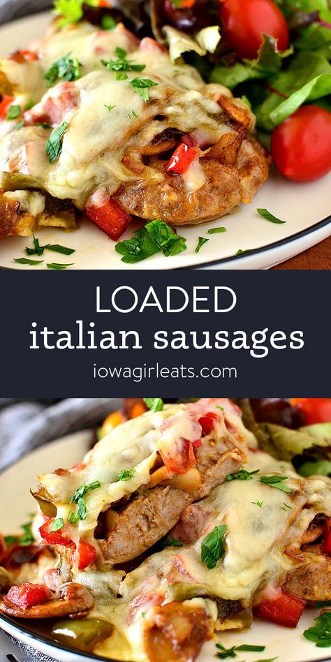 Loaded Italian Sausages are topped with seared peppers and onions then smothered with mozzarella cheese. This low-carb dinner recipe is mouthwatering! | iowagirleats.com keywords: sausage and peppers skillet, sausage and peppers recipe, low carb recipes, gluten free dinner recipes Italian Sausage Hot Dog, 5 Star Food Recipes, Cheese Stuffed Italian Sausage, Sausage And Peppers Skillet, Loaded Sausage, Recipes Gluten Free Dinner, Sausage And Peppers Recipe, Stuffed Sausage, Gluten Free Dinner Recipes