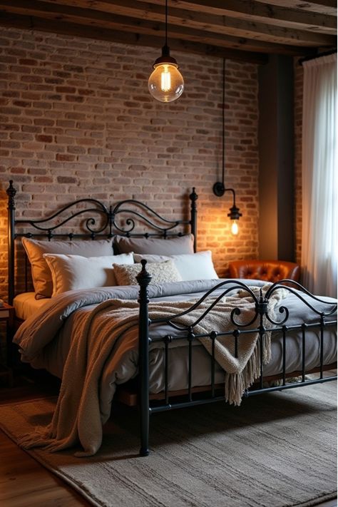 Industrial rustic bedroom with wrought iron bed and wool blankets Industrial Interior Design Bedroom, Industrial Bedroom Ideas, Rustic Industrial Bedroom, Rustic Bedroom Ideas, Industrial Style Bedroom, Industrial Bedroom Design, Rustic Comforter, Rustic Bedroom Design, Flannel Duvet Cover