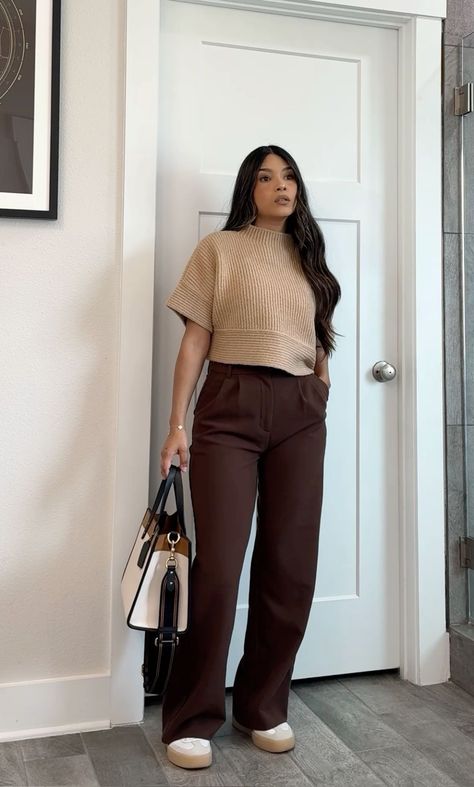 Tan Pant Outfits For Work, Professional Outfits Women Office, Fall Brown Outfits Women, Fall Outfit For Work Offices, Professional But Comfortable Outfits, Fall Semi Casual Outfits Women, Business Pro Outfits For Women, Brown Knit Pants Outfit, Business Casual Women Outfits Winter