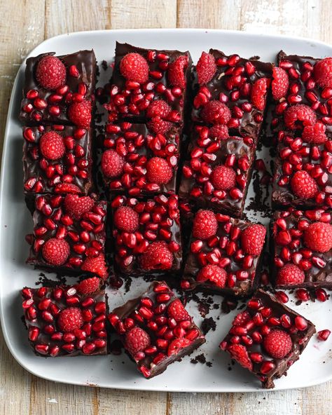 Raspberry Pomegranate Ganache Bars - by Sam Pomegranate Frosting, Raspberry Caramel, Raspberry Ganache, Italian Rainbow Cookies, Pecan Sticky Buns, Raspberry Desserts, Vanilla Marshmallows, Baking Cookbooks, Ginger Molasses Cookies