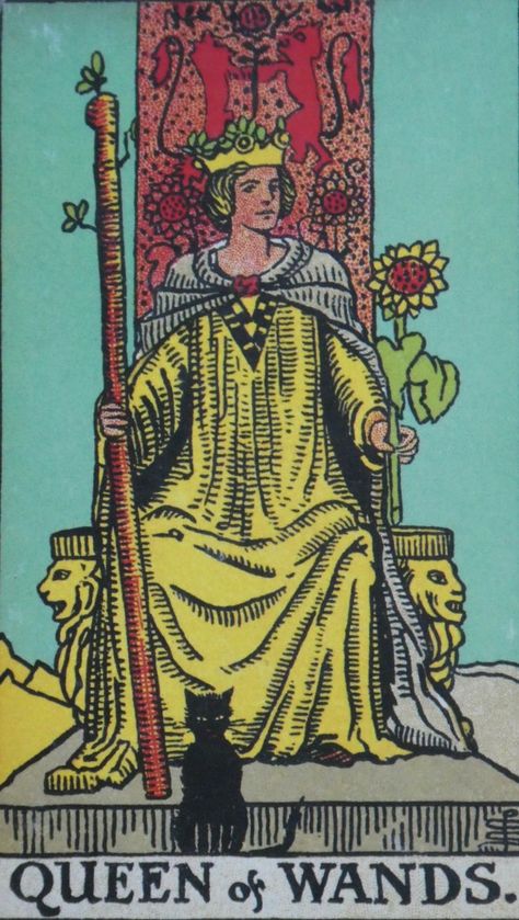 The Queen of the Tarot suit of Wands, painted by Pamela Colman Smith. From: Oracles – Cherry's Cache Suit Of Wands, Pamela Colman Smith, Queen Of Wands, Astrology Tarot, Rider Waite, Psychic Abilities, The Deck, Ancient Art, The Divine