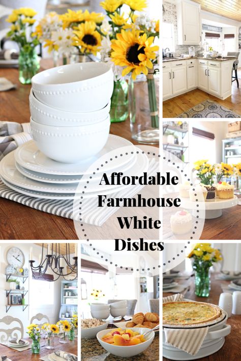 Affordable white dishes buffet mothers day and everyday! Perfect for farmhouse style. #sponsored Modern Farmhouse Dishes, White Dishes Table Setting, Farmhouse Dishes, White Serving Dishes Table Settings, White Dishes Farmhouse, Farmhouse Dishes Pottery Barn, Dishes Sets, White Kitchen Plate Set, Place Settings Everyday